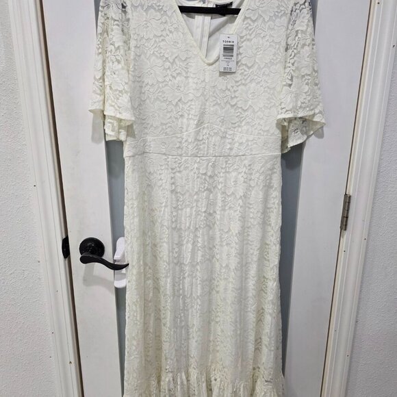 torrid Dresses & Skirts - Torrid White Lace Midi Dress 14 | Bridal Flutter Sleeve Fit & Flare Romantic For
